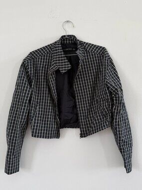 Lioness Plaid Cropped Moto Jacket in Navy